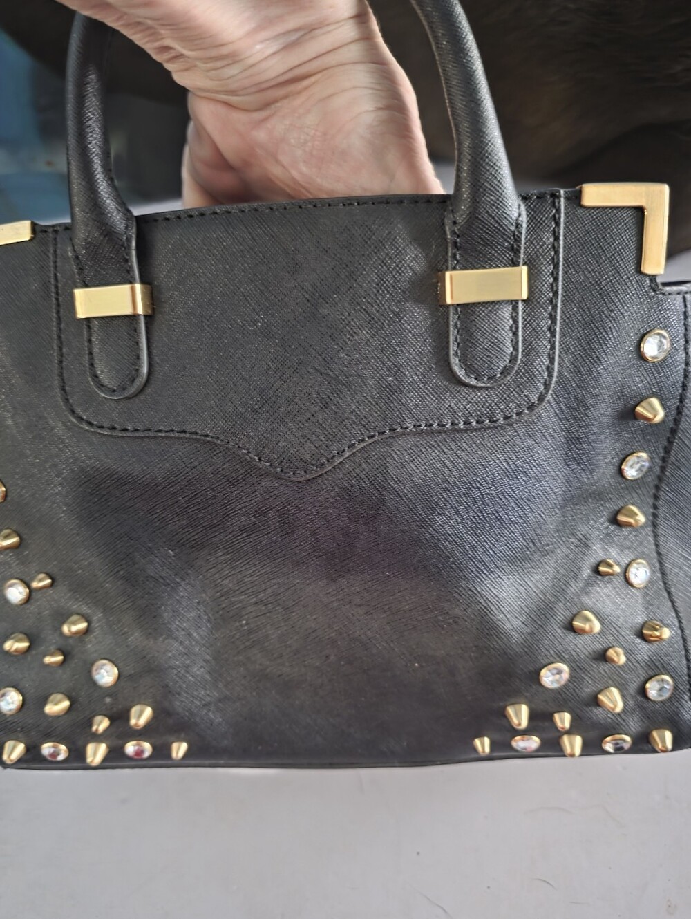 New Rebecca Minkoff Black Studded Satchel Handbag with Gold Accents